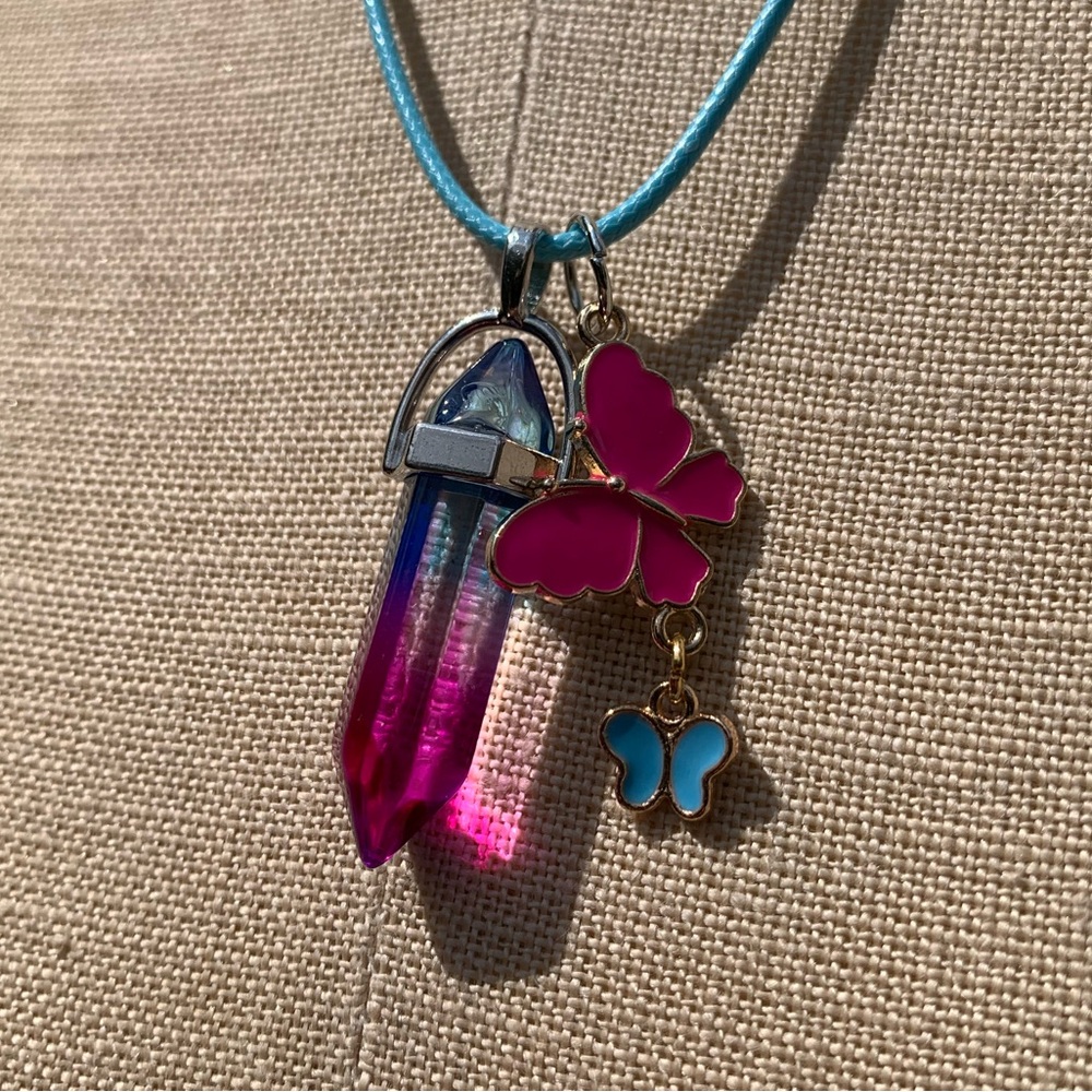 Handmade Cotton Candy Resin Crystal Amulet Necklace & Enamel Butterfly Charms - Picture 5 of 11